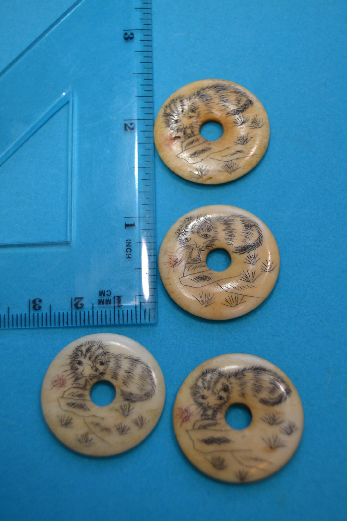 Circular Disc with Scrimshaw Cat Carving