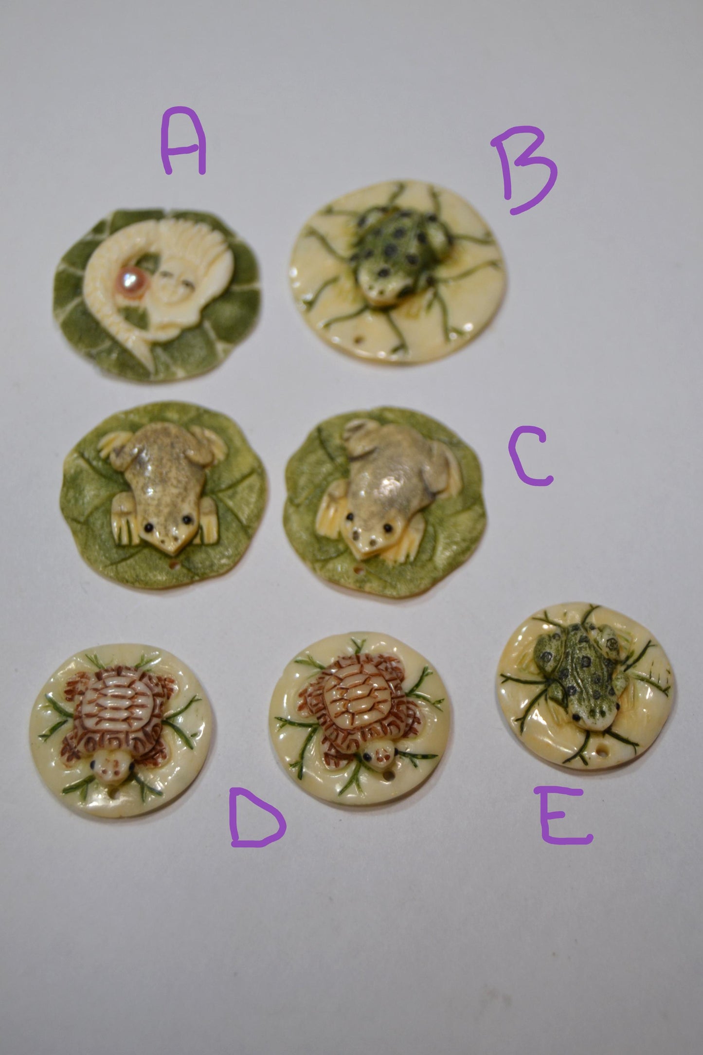 Lilypad, hand carved beads, frogs, turtles, mermaid