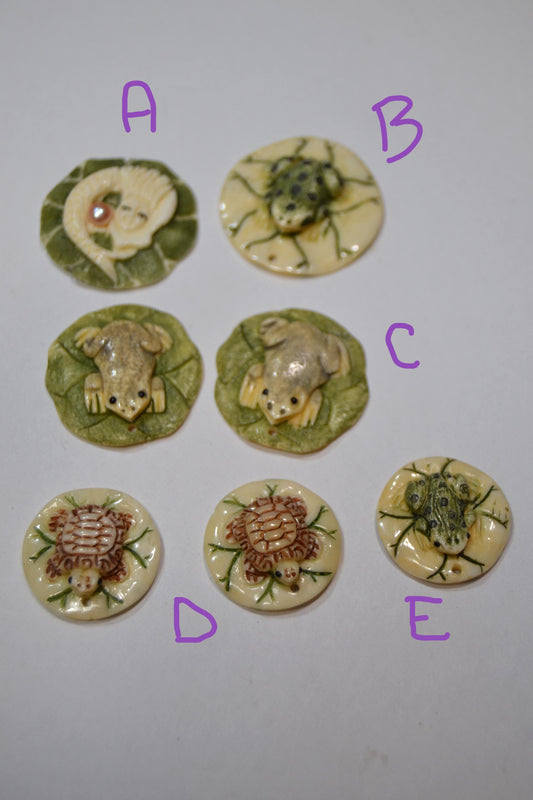 Lilypad, hand carved beads, frogs, turtles, mermaid