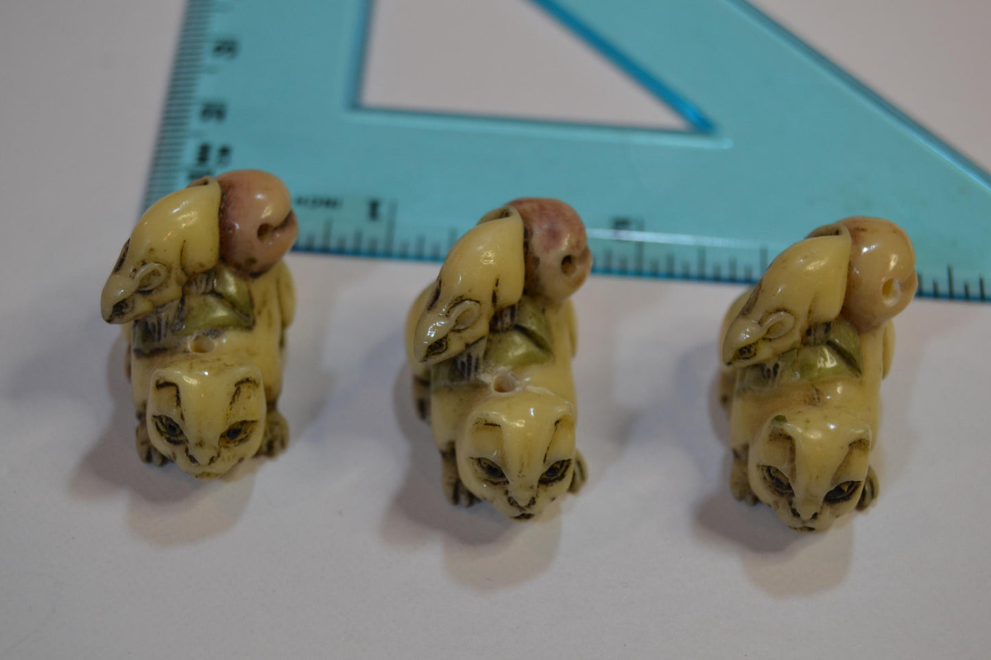 Hand Carved Tagua Nut Netsuke Dragon Hatchlings, Monkeys and cats