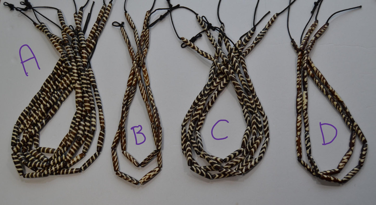 Batik tribal beads, 1" long, Black/brown and white