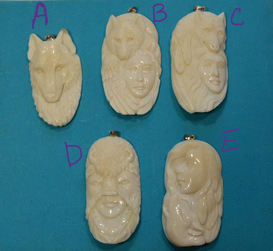 Carved bone pendants Wolf, buffalo shaman, woman w/dear,