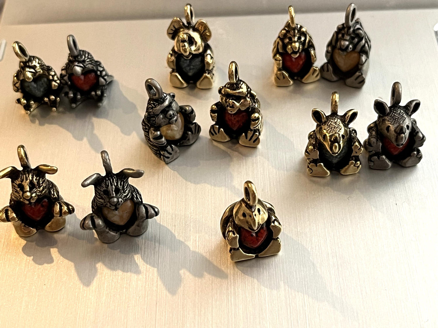 Pewter or Gold tone plated animal charms with heart inlay, 12mm wide