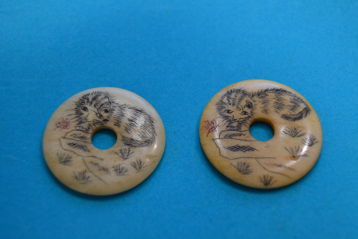Circular Disc with Scrimshaw Cat Carving