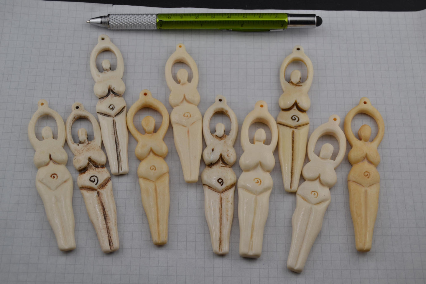 Bone goddess, deity and luck carved bone pendants